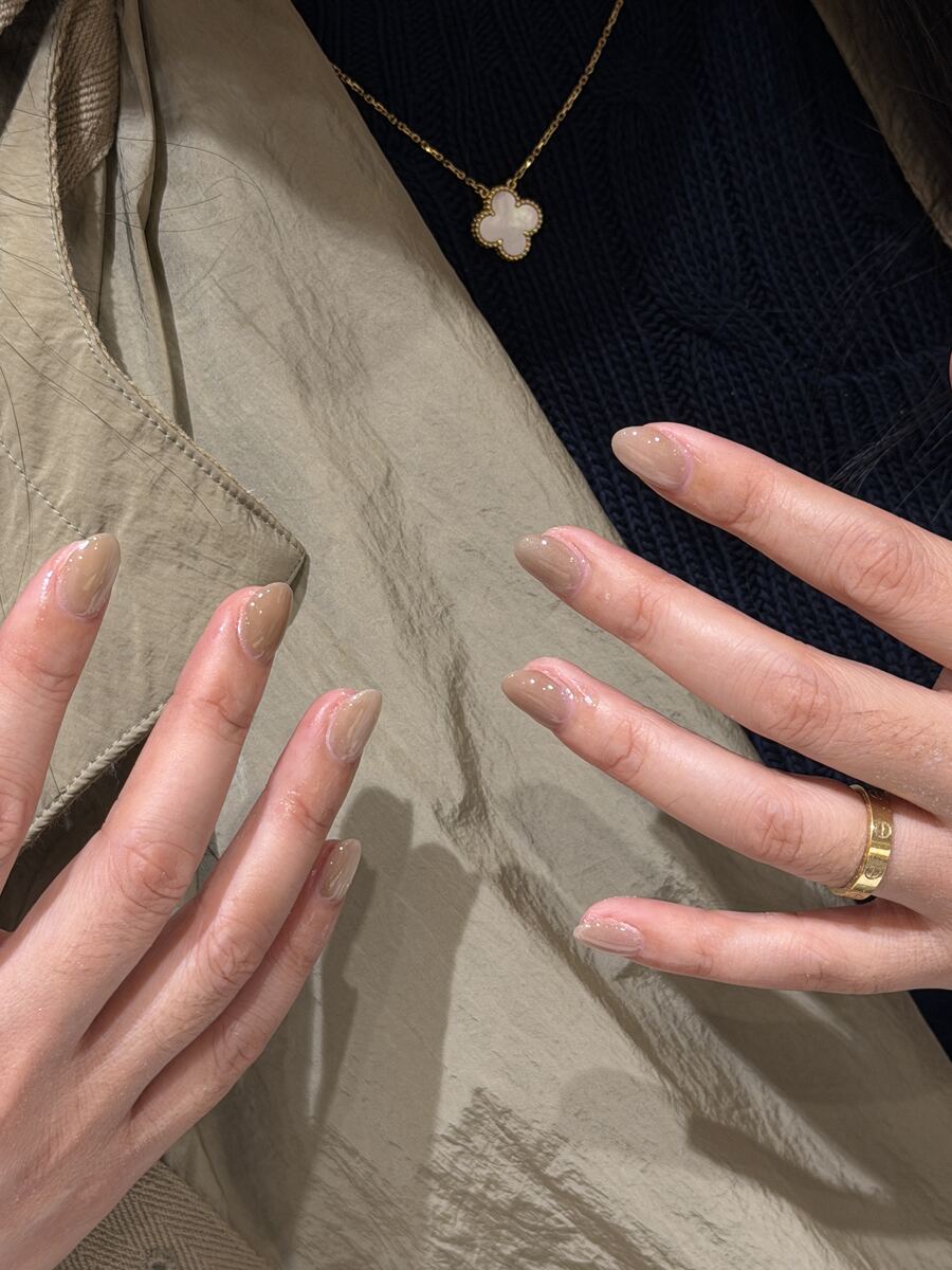 Natural almond builder gel nails in a sheer nude tone